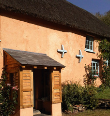 limewashed lime render on traditional thatched Devon cottage